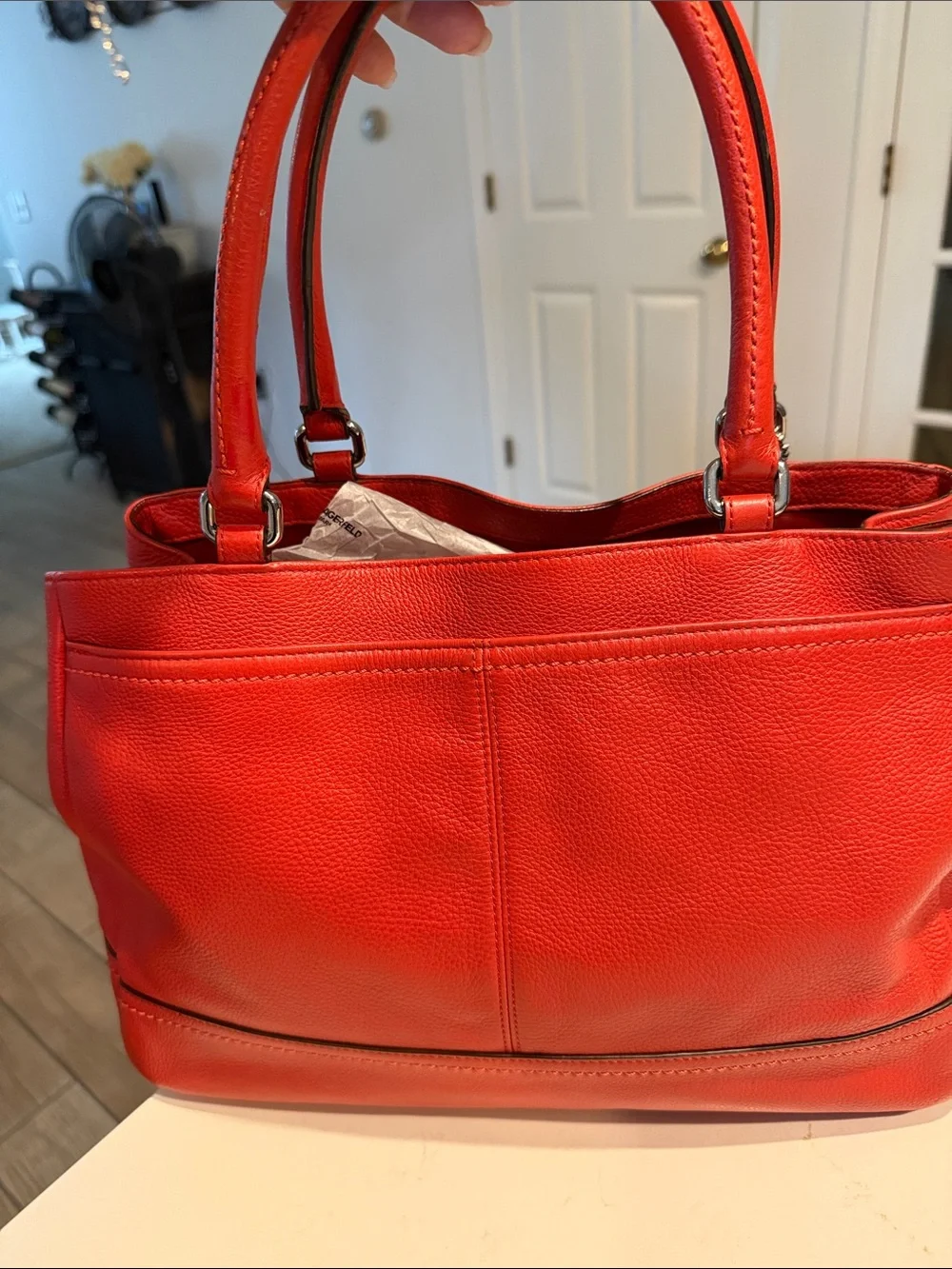 Coach Park Red Leather Carry All Totr with Yellow Tag Accent